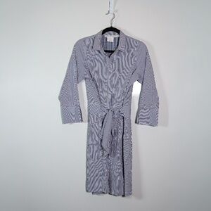 Gretchen Scott Cotton Blend Poplin Collared Button Front Belted Shirt Dress Blue